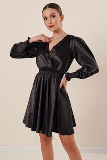 Атласное платье с потайной подкладкой на талии и рукавах, черное By Saygı, черный