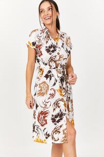 Женское светло-коричневое платье-рубашка с короткими рукавами и поясом с узором на талии armonika, разноцветный