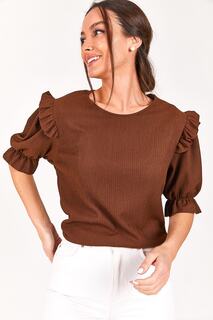 Женская коричневая эластичная блузка с рюшами на плечах и рукавами armonika, коричневый