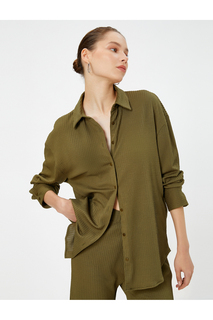 Базовая блузка с длинным рукавом, воротник рубашки, текстурированная застежка на пуговицах Koton, хаки