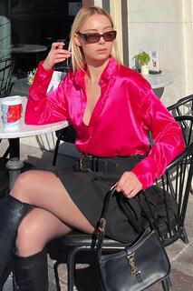 Базовая атласная женская рубашка фуксии с манжетами Swist, розовый