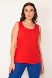 Женская красная блузка без рукавов из хлопчатобумажной ткани больших размеров с круглым вырезом Şans, красный
