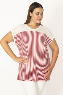 Женская красная блузка большого размера с кружевной отделкой в полоску и низкими рукавами 65n27394 Şans, красный