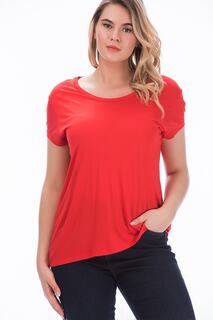 Женская красная блузка большого размера из хлопчатобумажной ткани с круглым вырезом Şans, красный