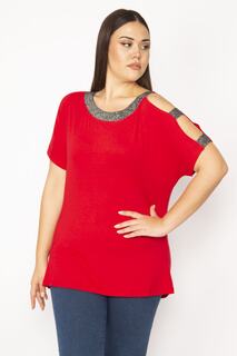 Женская красная блузка большого размера на одно плечо с блестками на воротнике Şans, красный