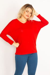 Женская красная блузка большого размера с v-образным вырезом и рукавами «летучая мышь» 65n34684 Şans, красный