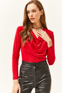 Женская красная блузка со складками и воротником-стойкой Olalook, красный
