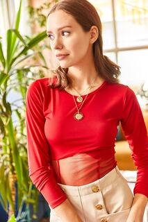 Женская красная блузка с тюлевым лифом и круглым вырезом Olalook, красный