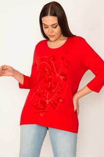 Женская красная блузка с флоковым узором больших размеров спереди Şans, красный
