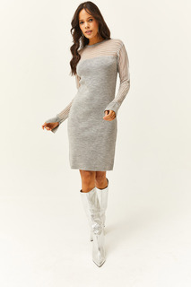 Женское серое прозрачное мини-трикотажное платье из тюля с деталями Olalook, серый