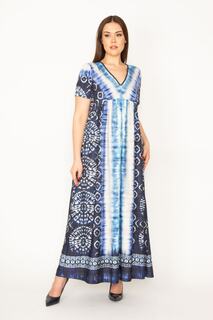 Женское синее длинное платье больших размеров с v-образным вырезом и узором батик Şans, синий