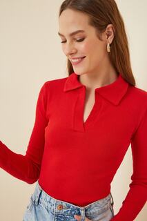 Женская красная вязаная блузка с воротником-поло Happiness İstanbul, красный
