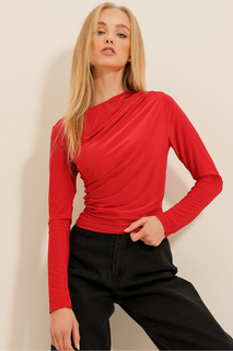 Женская красная драпированная блузка песочного цвета с круглым вырезом ALC-X11272 Trend Alaçatı Stili, красный