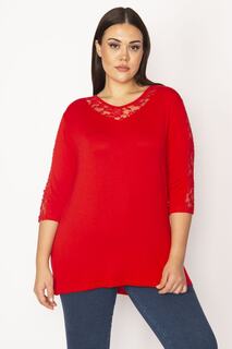 Женская красная кружевная блузка большого размера с деталями 65n29533 Şans, красный