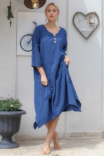 Женское синее длинное платье с асимметричной юбкой на пуговицах и рукавами 3/4 с v-образным вырезом и огромными карманами Chiccy, синий