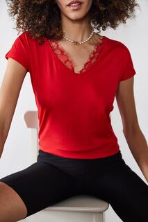Женская красная кружевная блузка с v-образным вырезом XHAN, красный