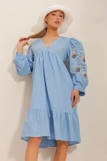 Женское синее льняное тканое платье с v-образным вырезом и рукавами Trend Alaçatı Stili, синий