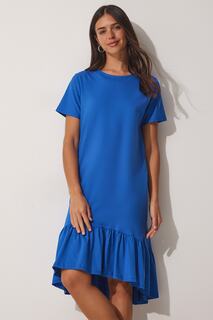 Женское синее летнее трикотажное платье из вискозы с воланами Happiness İstanbul, синий
