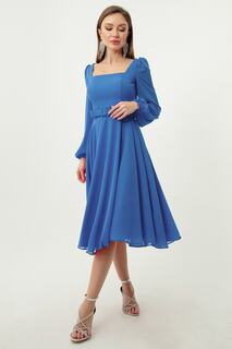 Женское синее шифоновое вечернее платье миди с квадратным вырезом и поясом Lafaba, синий