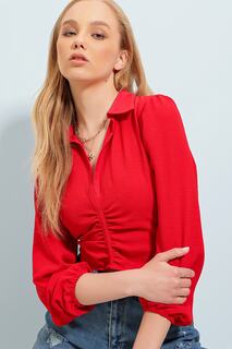 Женская красная укороченная блузка с воротником-поло, драпировкой на талии и потайной молнией ALC-X8137 Trend Alaçatı Stili, красный