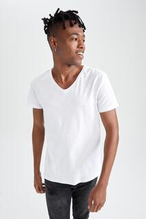 Базовая футболка Slim Fit с V-образным вырезом и короткими рукавами DeFacto, белый