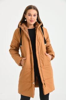 Женское стеганое пальто с капюшоном VOLT CLOTHİNG, коричневый