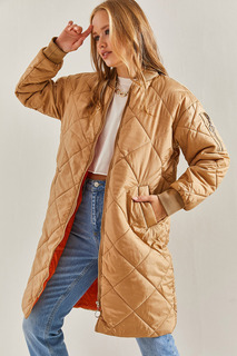 Женское стеганое длинное пальто на подкладке с эластичными рукавами Bianco Lucci, коричневый