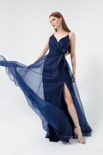 Женское темно-синее двубортное длинное серебристое вечернее платье с воротником и поясом Lafaba, темно-синий
