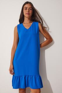Женское темно-синее летнее тканое платье с v-образным вырезом и воланами Happiness İstanbul, синий