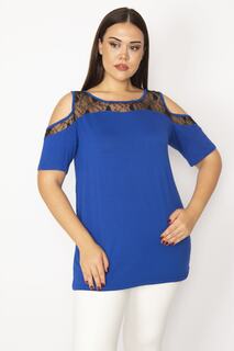 Женская кружевная блузка большого размера с глубоким вырезом и саксонскими плечами Şans, синий