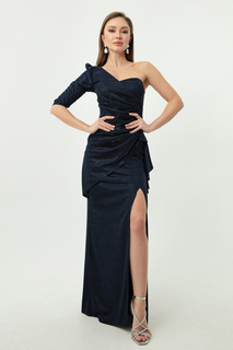 Женское темно-синее серебристое длинное вечернее платье с одним рукавом Lafaba, темно-синий