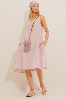 Женское тканое платье Aerobin пыльно-розового цвета с v-образным вырезом и двумя карманами Trend Alaçatı Stili, розовый