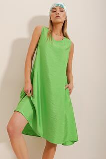 Женское тканое платье Aerobin фисташкового цвета с v-образным вырезом и двойными карманами Trend Alaçatı Stili, зеленый
