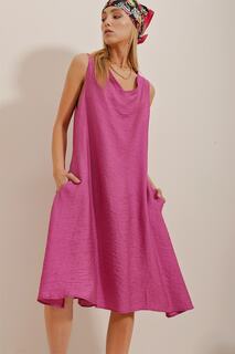 Женское тканое платье цвета фуксии с v-образным вырезом и двойными карманами Trend Alaçatı Stili, розовый