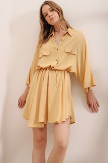 Женское тканое платье-рубашка горчичного цвета в стиле сафари ALC-X6196 Trend Alaçatı Stili, желтый