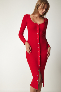 Женское трикотажное платье Saran в рубчик с красными пуговицами Happiness İstanbul, красный