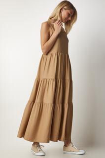 Женское трикотажное платье без рукавов с бисквитным воланом Happiness İstanbul, коричневый