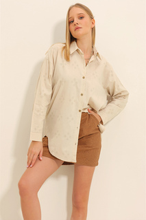 Женская льняная рубашка оверсайз с бежевым мотивом ALC-X11288 Trend Alaçatı Stili, бежевый