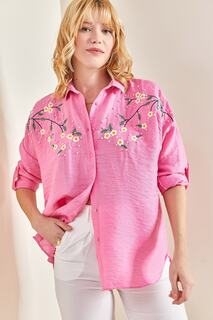 Женская льняная рубашка Airobin со сложенными рукавами и вышивкой «Ромашки» Bianco Lucci, розовый