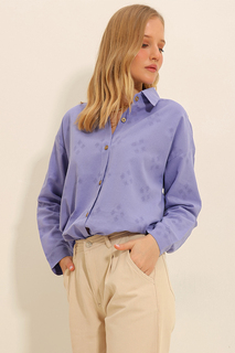 Женская льняная рубашка оверсайз с сиреневым мотивом ALC-X11288 Trend Alaçatı Stili, фиолетовый
