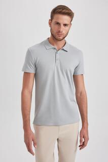 Базовая хлопковая футболка с короткими рукавами и воротником-поло Slim Fit DeFacto, серый