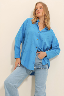 Женская льняная рубашка оверсайз с синим мотивом «авиатор» ALC-X11288 Trend Alaçatı Stili, синий
