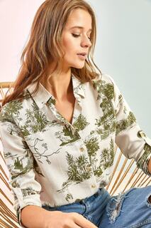 Женская льняная рубашка со сложенными рукавами с изображением леса Bianco Lucci, разноцветный