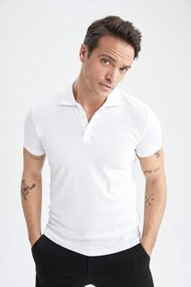 Базовая хлопковая футболка с короткими рукавами и воротником-поло Slim Fit DeFacto, белый