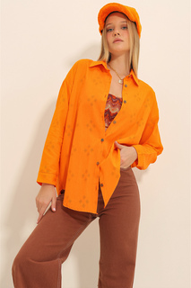 Женская льняная рубашка оверсайз с оранжевым мотивом ALC-X11288 Trend Alaçatı Stili, оранжевый