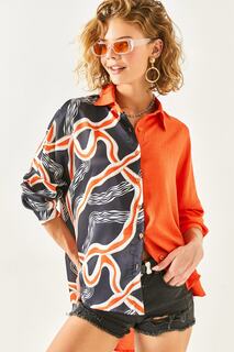 Женская льняная рубашка оверсайз с оранжевым узором Olalook, оранжевый