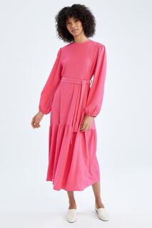Базовое платье макси с длинным рукавом-фонариком и круглым вырезом А-силуэта DeFacto, розовый