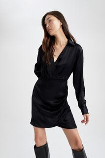 Базовое мини-атласное платье с длинным рукавом и воротником-рубашкой DeFacto, черный