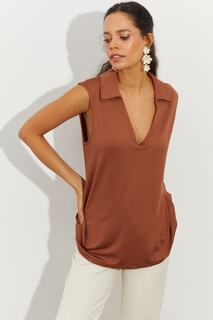 Женская миндалевидная блузка с воротником-поло LPP1219 Cool &amp; Sexy, коричневый