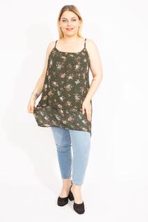 Женская многоуровневая блузка цвета хаки большого размера из шифоновой ткани с ремешками спереди 65n35663 Şans